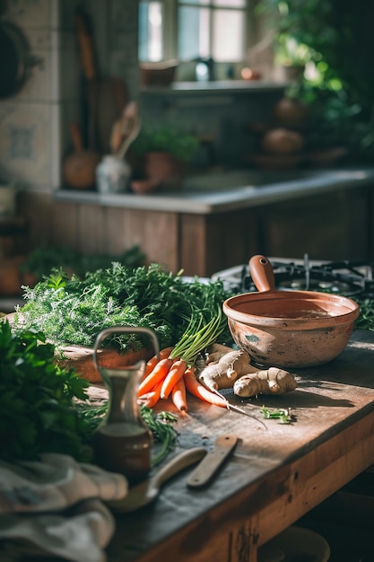 Rustic kitchen scene with fresh herbs and vegetables Ideal for culinary publications and healthy lif