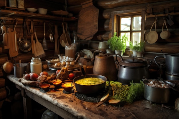 Foto allestimento rustico della cucina con pentola, cucchiaio di legno e spezie, creato con l'intelligenza artificiale generativa