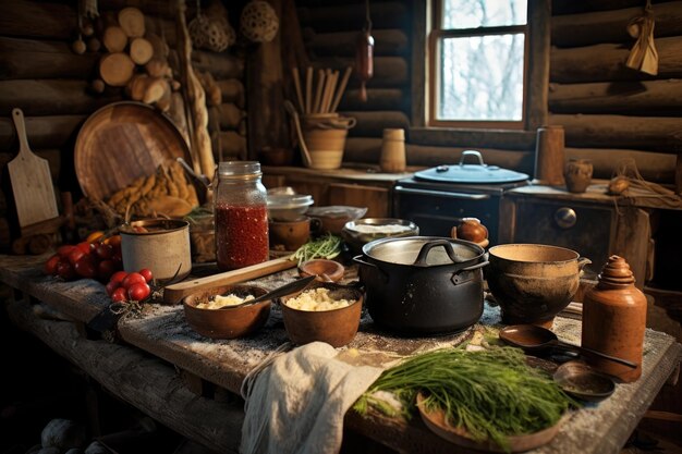 Foto impostazione della cucina rustica con pentola di zuppa, cucchiaio di legno e spezie