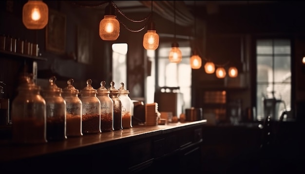 Rustic kitchen shelf displays old fashioned glass bottles generated by ai