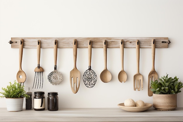 rustic kitchen utensils hanging on wooden rack