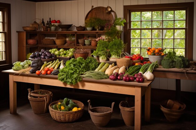 Photo rustic kitchen with fresh crop arranged on wooden table generative ai