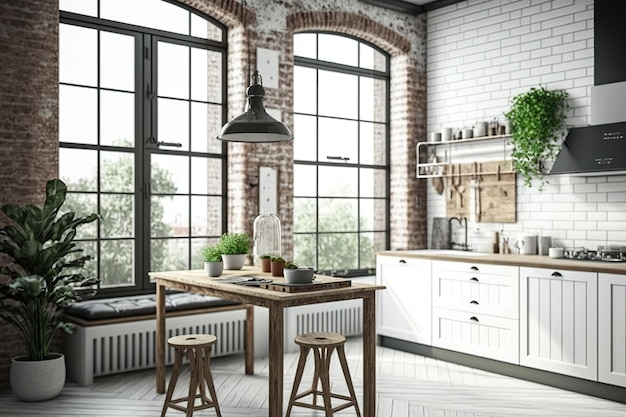 白いレンガの壁と広い窓のある素朴なキッチン