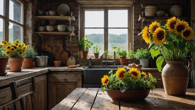 A rustic kitchen with a windowsill full of potted herbs and a bouquet of sunflowers sitting on the t