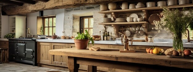 Photo rustic kitchen with wooden beams and vintage utensils