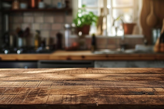 Rustic Kitchen Wooden Table Top Background with Copy Space