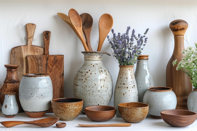 木製の棚にラベンダーを飾った田舎風のキッチン具と陶器の花瓶