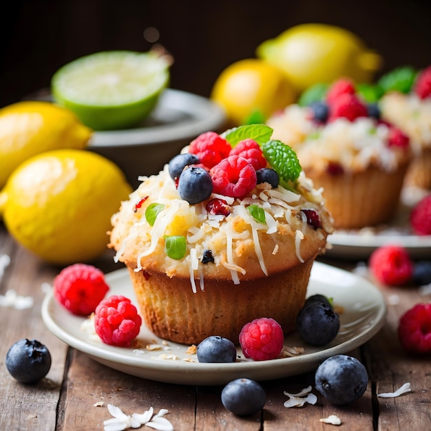 Rustic Lemon Lime Coconut Muffin with Fresh Fruit Topping