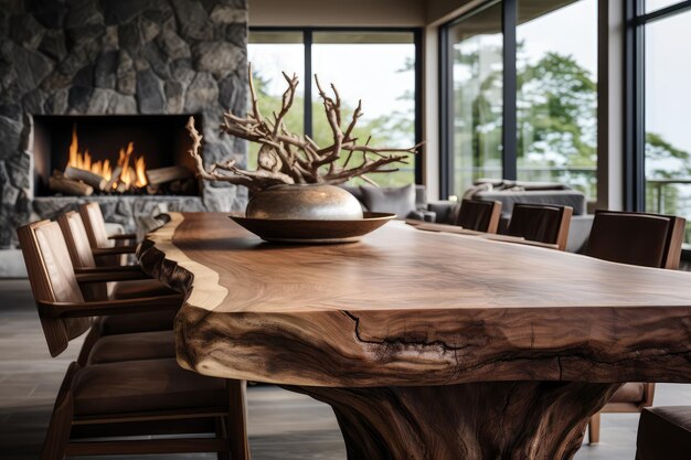 Rustic live edge dining table and solid wood armchair