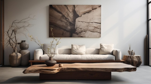 Rustic live edge table and chairs near the beige sofa modern living room