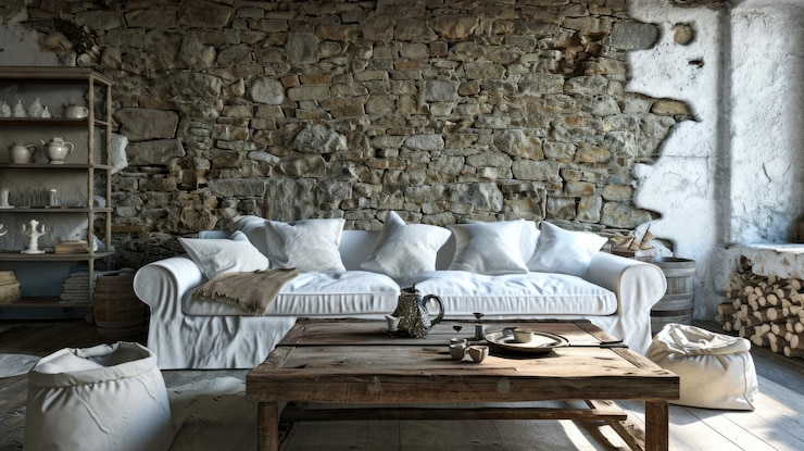 Photo rustic living room interior with handcrafted coffee table and white sofa against stone wall in