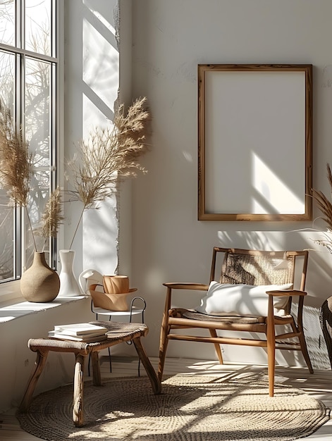 Photo rustic living room with neutral decor and greenery