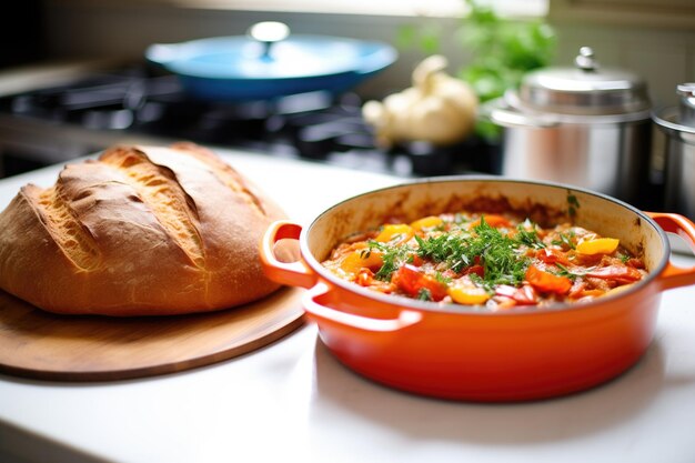 Rustic loaf of bread next to a pot of hearty ratatouille