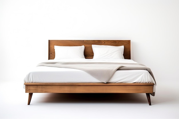 Кровать-чердак в деревенском стиле, вид сбоку, Италия, ретро, винтажная коричневая деревянная кровать размера «king-size» с бельем, высокий дуб