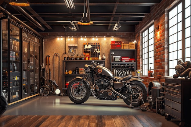 Photo rustic loft garage with classic motorbike