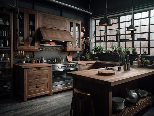 Rustic loft keuken met industriële verlichting AI Generate