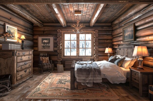 ログ家具のオクタン付きの田舎のログキャビンの寝室