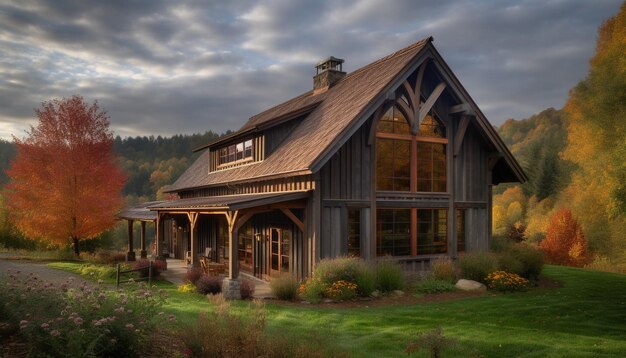 Rustic log cabin nestled in tranquil autumn forest landscape generated by artificial intelligence