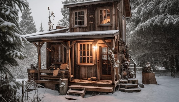 A rustic log cabin in the snowy forest at night generated by AI