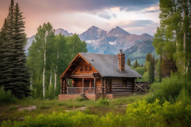 Rustic log cabin surrounded by towering trees with a mountain range in the distance