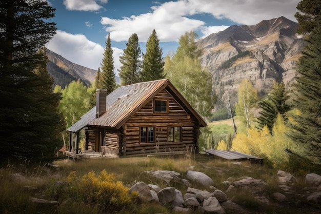 Photo rustic log cabin surrounded by towering trees with a mountain range in the distance