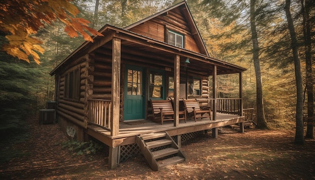 Rustic log cabin in tranquil autumn forest generated by AI