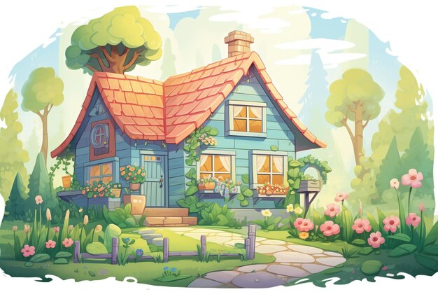 Photo rustic log cottage nestled in a flourishing forest magazine style illustration