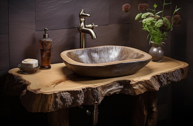 Photo rustic logbuilt bathroom sink design