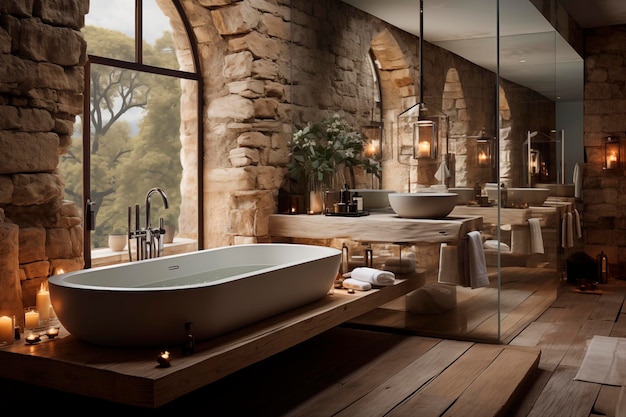 Rustic luxury bathroom with bathtub and double sink with mountain views