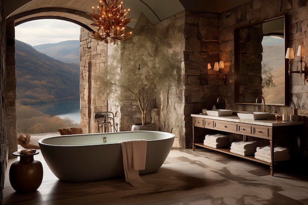 Rustic luxury bathroom with bathtub and double sink with mountain views