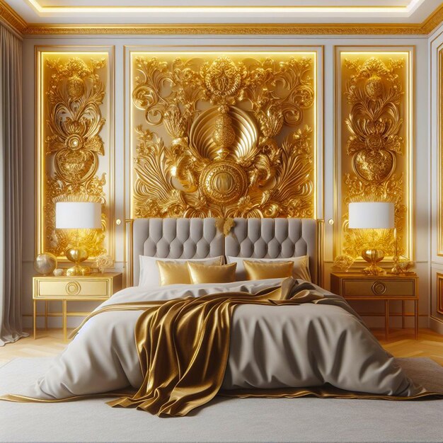 Photo rustic luxury golden wall and minimalist interior bedroom modern design