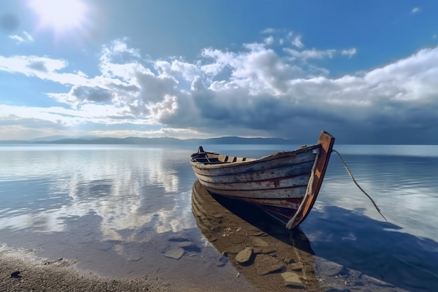 Rustic maritime scene Old wooden boat against blue sea and cloudy sky