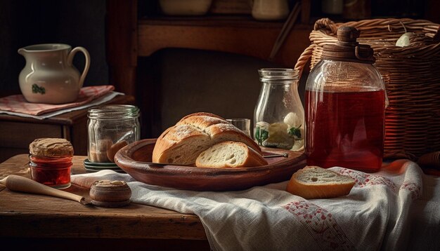 AI によって生成された自家製パンと木製のテーブルでの素朴な食事