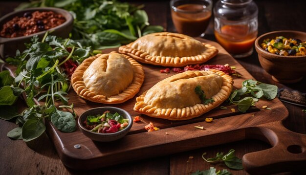 Rustic meat pie on wooden table with fresh vegetable salad generated by AI