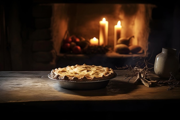 Rustic medieval styled scene with apple pie and candles