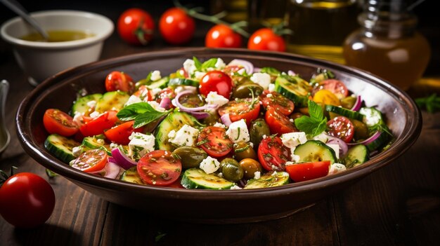 A rustic Mediterranean salad featuring juicy cherry tomatoes cucumbers olives and feta cheese al