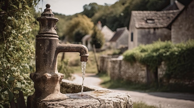 Photo rustic old water tap in foreground of a country vintage town with generative ai technology