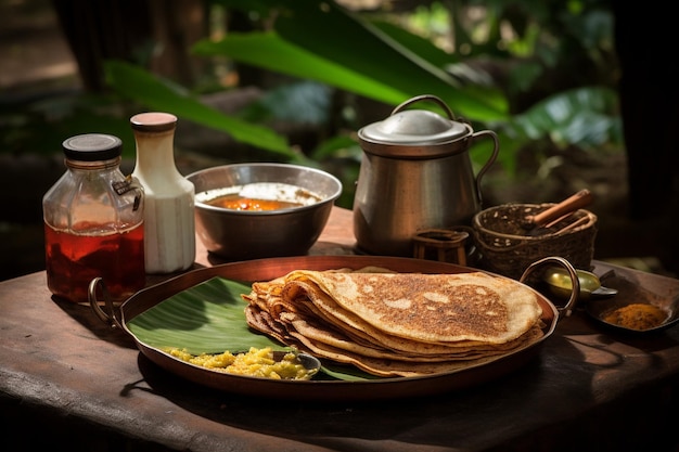 Photo a rustic outdoor breakfast setting with masala dosa served over a traditional stove