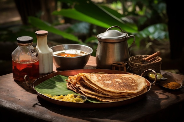 A rustic outdoor breakfast setting with masala dosa served over a traditional stove