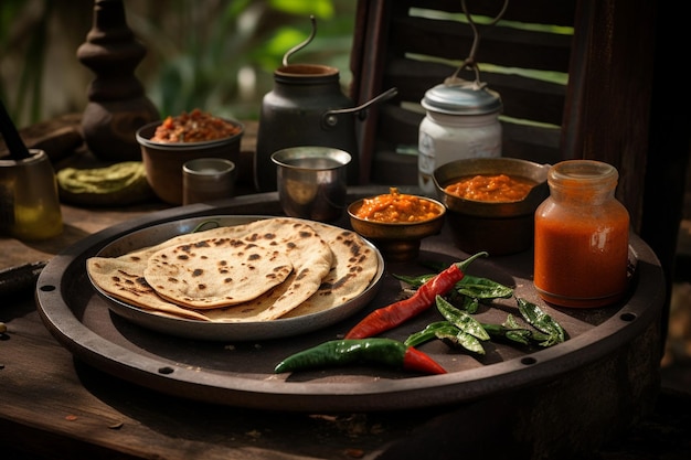 A rustic outdoor breakfast setting with masala dosa served over a traditional stove