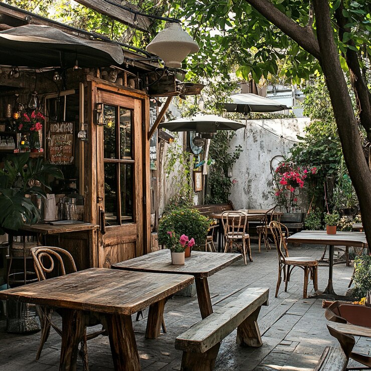 Photo a rustic outdoor cafe with wooden tables vintage decor and a picturesque garden setting4