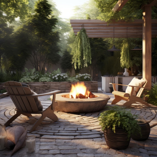 Rustic Outdoor Fire Pit With Wood Chairs And Natural Wood Furniture Garden