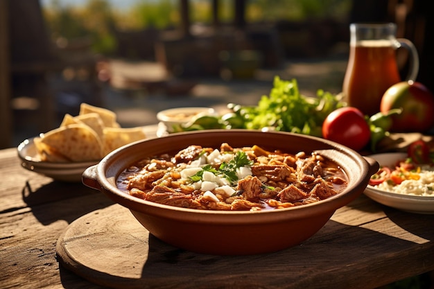 Foto un ambiente rustico all'aperto con una ciotola di pozole