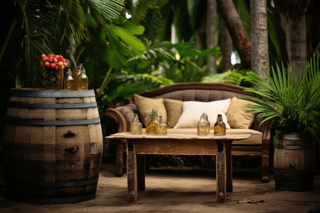 A rustic outdoor setting with a wooden barrel and glasses of rum punch