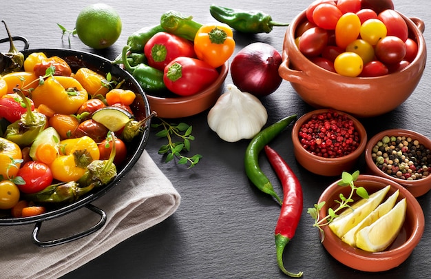 Rustic, oven baked vegetables with spices and herbs in baking dish