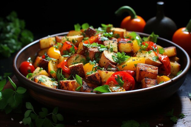 Rustic panzanella with tomato basil relish