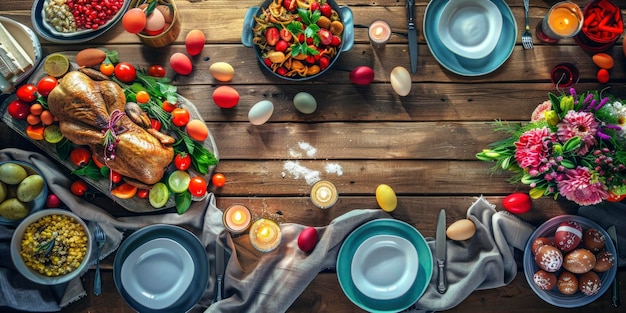 Rustic Pasen diner setup met geroosterde kip gekleurde eieren verse groenten en een feestelijke bloemen middelpunt