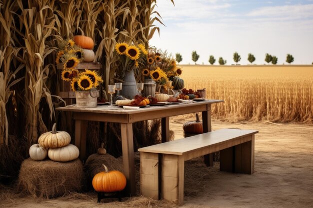 Photo rustic picnic setting with sunflowers wheat and carved pumpkins