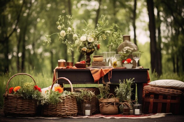 Rustic picnic setup with basket and nature backdrop created with generative ai