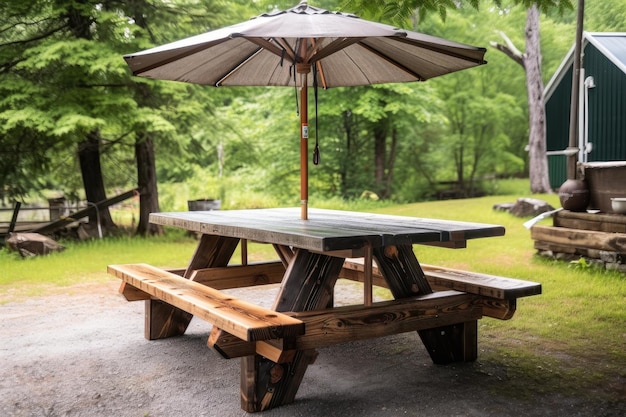 Rustic picnic table with benches and umbrella for sunny days created with generative ai